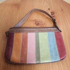 Fossil Clutch Bag Womens Mini Multicolor Stripe Leather Wristlet Purse Zip